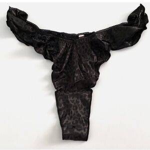 Victorias Secret Nwt VS French Cut Black Animal Satin Sexy Ruffle Thong Panty